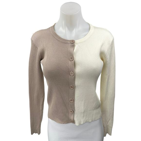 Decker Crescent Brown White Colorblock Rib Knit Button Cardigan Sweater Top XS - Picture 1 of 4
